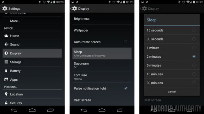 Pantalla Android ajustes de tiempo de espera de reposo de la pantalla