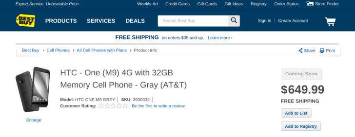 Fotografía - HTC uno M9 aparece en BestBuy.Com Con especificaciones, Imagen, Y A $ 649.99 Etiqueta de precio