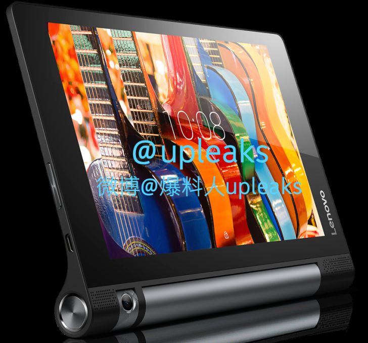 Fotografía - Lenovo Yoga Tablet 3 aparece en Goteo materiales promocionales, Características Cámara Situado En pata de cabra Bisagra y reclamaciones 20 Horas Duración de la batería