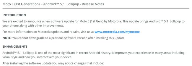 Fotografía - Motorola es Remoje Prueba Android 5.1 para el primero Gen moto e-Aquí está la lista de cambios