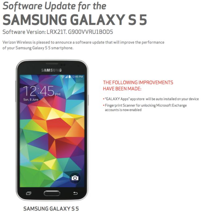 Fotografía - Samsung Galaxy S5 En Verizon Conseguir actualización OTA Menor Para agregar GALAXY Apps, autenticación de huellas digitales para cuentas Exchange