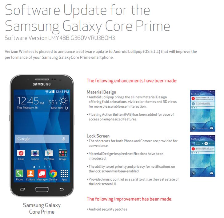 Fotografía - Galaxy Core Prime de Samsung Actualizaciones Verizon Desde Android 4.4 hasta el final al 5.1.1