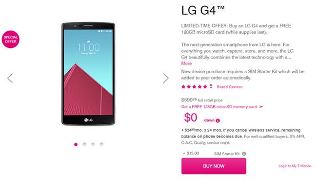 Fotografía - T-Mobile comienza a vender El LG G4: $ 25 al mes o $ 600 Ganador absoluto, con una tarjeta microSD gratuito 128GB