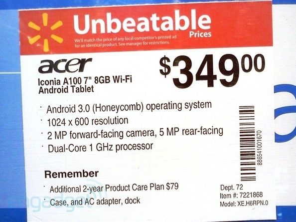 Fotografía - Acer Iconia Tab A100 se cuela en Walmart, cuesta US $ 349