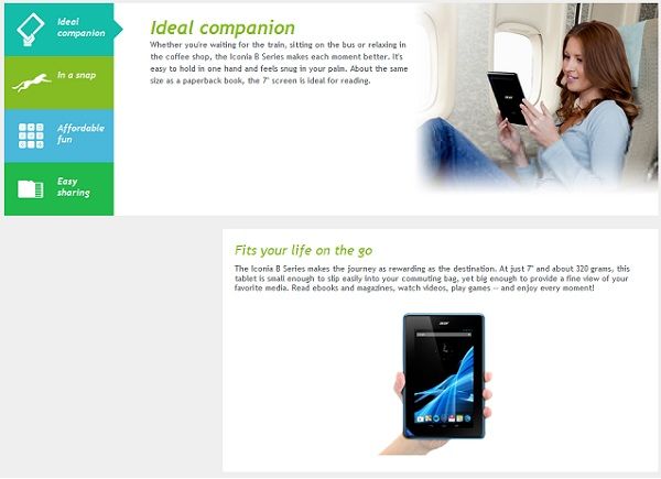 La página de Acer Iconia B