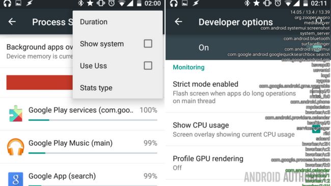 Estadísticas Ajustes Android Developer Opciones de proceso de la CPU