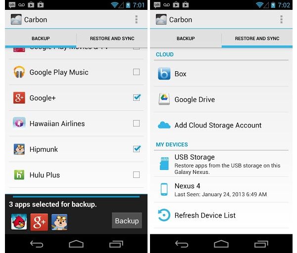 Aplicación de copia de seguridad de Carbono para Android