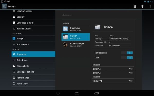 ClockworkMod Superuser pantalla CyanogenMod