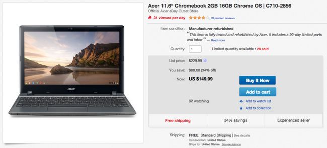Fotografía - Deal: Reformado Acer C7, CB5 y pantalla táctil Chromebooks hasta un 46% de descuento en Ebay