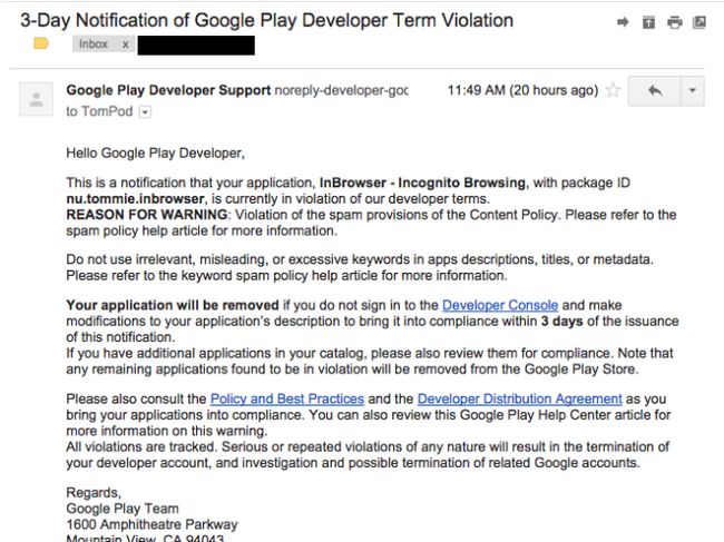 Fotografía - Desarrolladores: mirar hacia fuera para este '3-Day Notificación de Google Play para desarrolladores Violación Plazo' Email, porque es una estafa de phishing