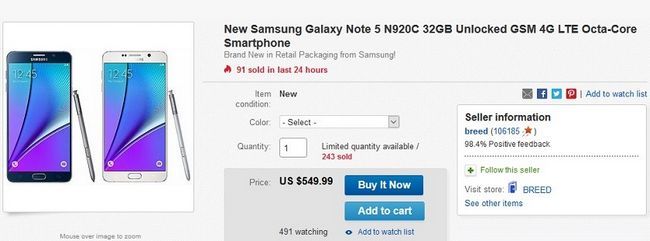 Galaxy Note 5 tratan eBay