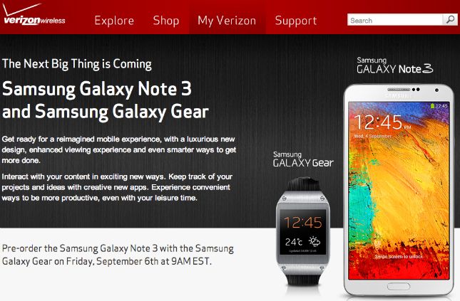 Nota Galaxy 3 y Galaxy Gear pre-orden de Verizon