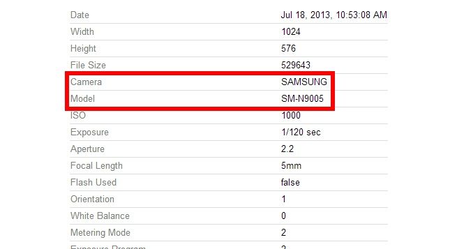 Datos EXIF ​​de la foto tomada con el Samsung Galaxy Note 3 LTE