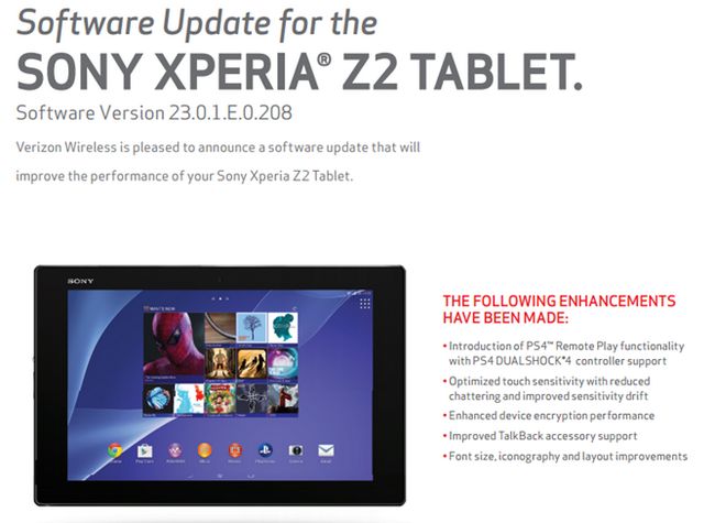Fotografía - Verizon Xperia Tablet Z2 recibe una actualización OTA Con PS4 Remote Play Soporte y algunos otros Tweaks
